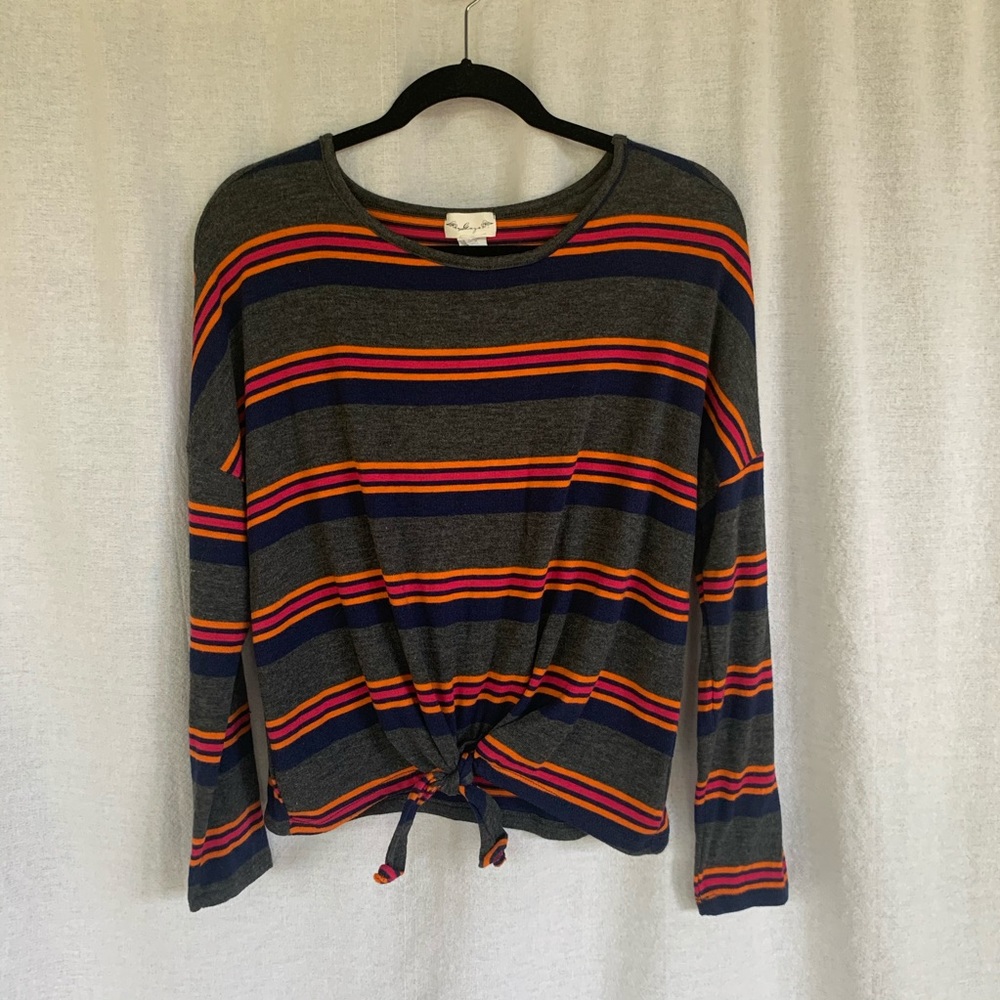 Grey Striped Gaze Long Sleeve Tie Front T-Shirt